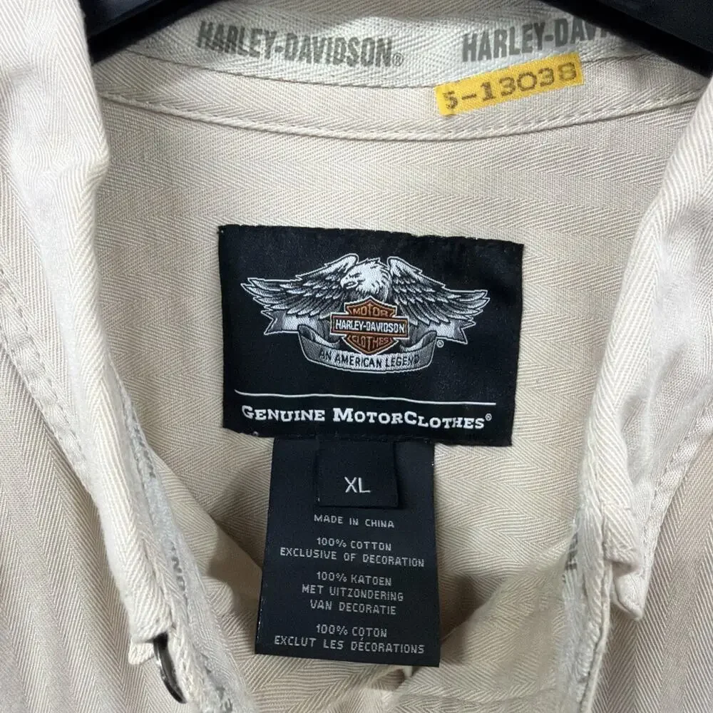 Harley Davidson Long Sleeve Button Up XL Men’s Beige Shirt HD Embroidered